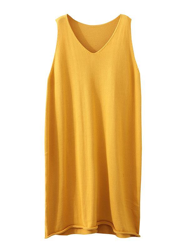 Loose yellow clothes Women v neck sleeveless loose Dress - SooLinen