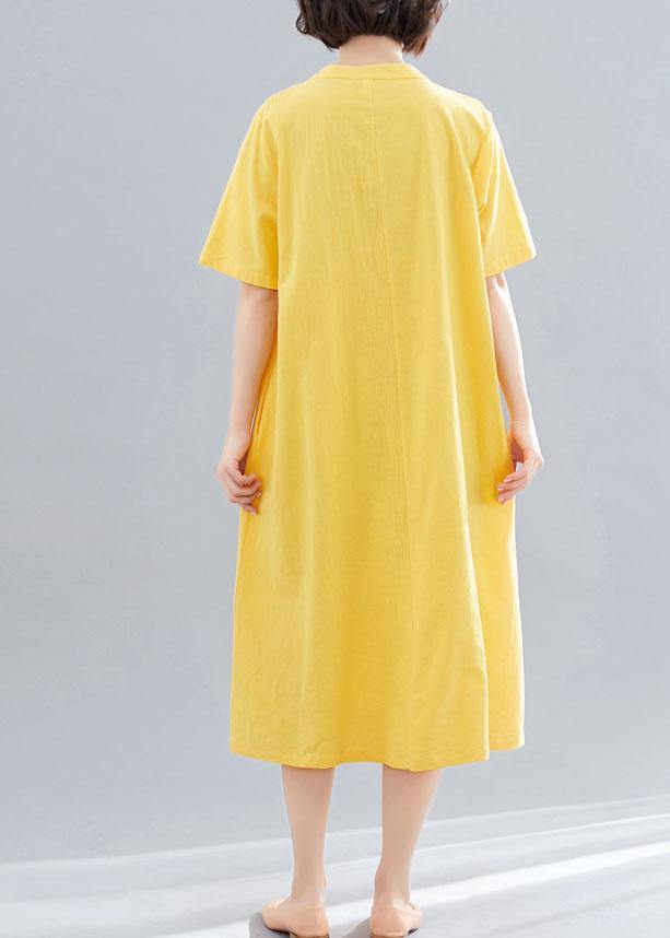 Loose yellow embroidery cotton clothes For Women v neck Dresses summer Dresses - SooLinen