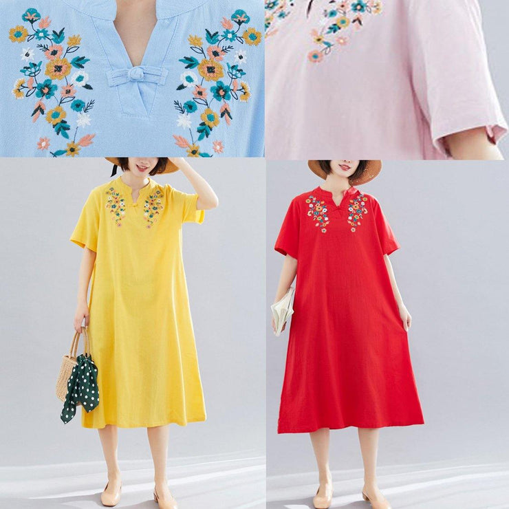 Loose yellow embroidery cotton clothes For Women v neck Dresses summer Dresses - SooLinen
