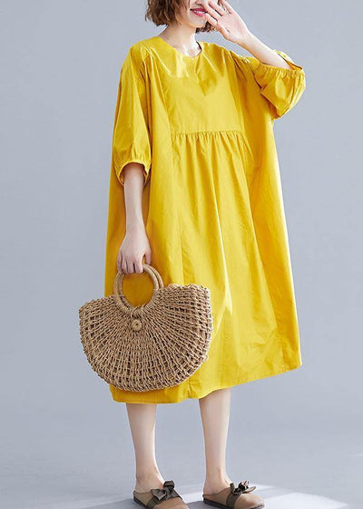 Loose yellow o neck cotton Tunics Cinched Maxi summer Dresses - SooLinen