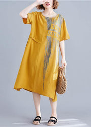 Loose yellow print cotton outfit o neck pockets long summer Dresses - SooLinen
