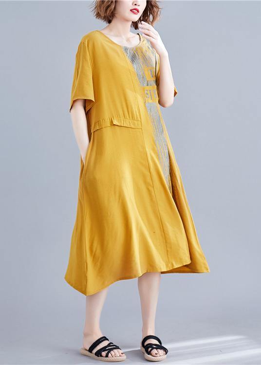 Loose yellow print cotton outfit o neck pockets long summer Dresses - SooLinen