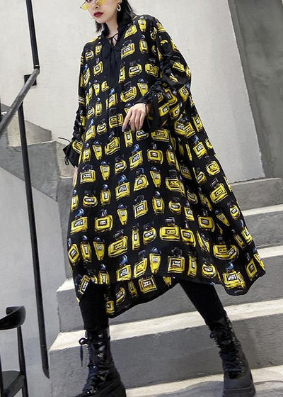 Loose yellow prints chiffon outfit drawstring long patchwork Dresses - SooLinen