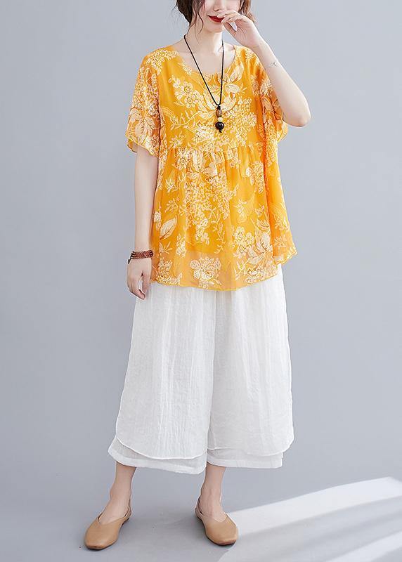 Loose yellow small floral cotton and linen top + wide leg pants casual two pieces - SooLinen