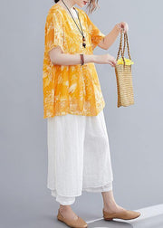 Loose yellow small floral cotton and linen top + wide leg pants casual two pieces - SooLinen
