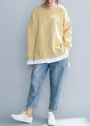 Loose yellow tunics for women o neck false two pieces Art shirt - SooLinen
