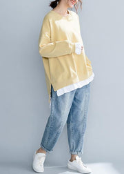 Loose yellow tunics for women o neck false two pieces Art shirt - SooLinen