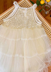 Lovely Beige Sequins Nail Bead Wrinkled Patchwork Tulle Baby Girls Princess Dress Summer