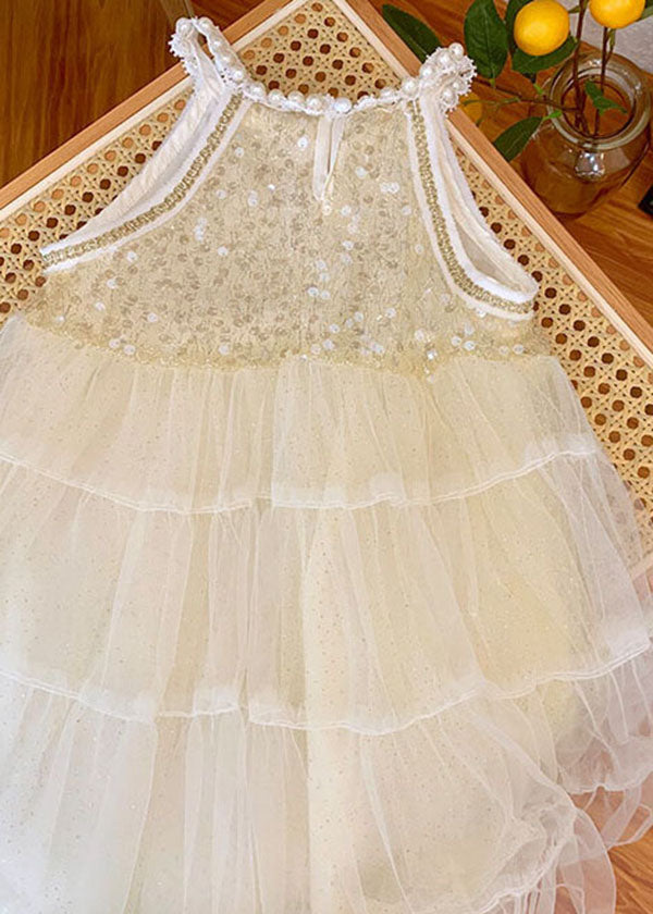 Lovely Beige Sequins Nail Bead Wrinkled Patchwork Tulle Baby Girls Princess Dress Summer