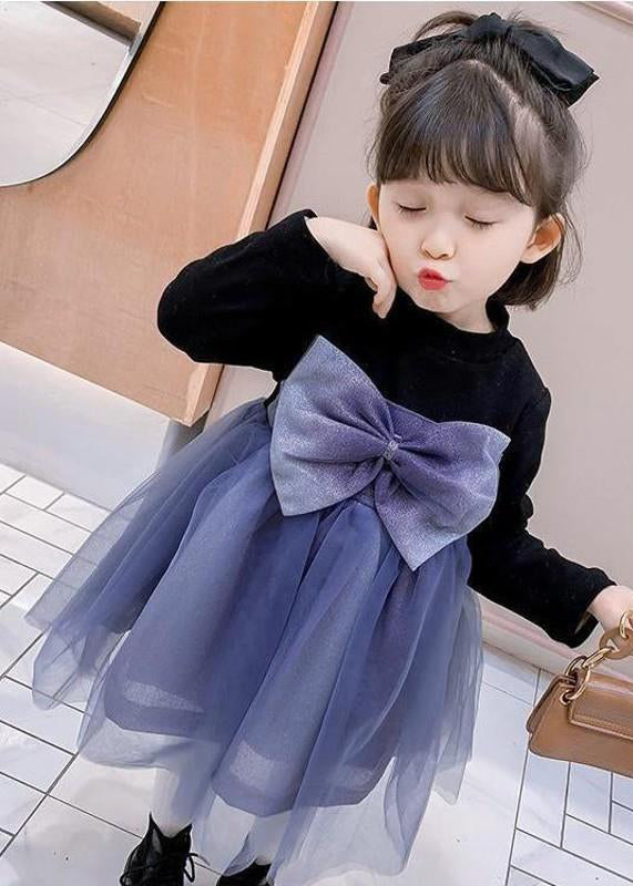 Lovely Black O Neck Tulle Bow Patchwork Warm Fleece Kids Girls Dresses Fall