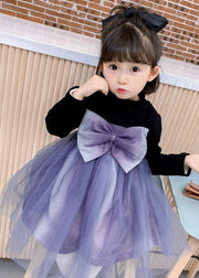 Lovely Black O Neck Tulle Bow Patchwork Warm Fleece Kids Girls Dresses Fall