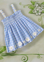 Lovely Blue Plaid Wrinkled Floral Cotton Kids Mid Dress Sleeveless