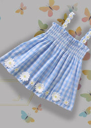 Lovely Blue Plaid Wrinkled Floral Cotton Kids Mid Dress Sleeveless