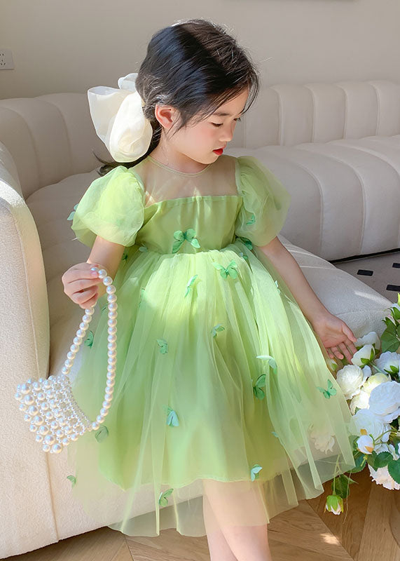 Lovely Green Wrinkled Butterfly Patchwork Tulle Baby Girls Dresses Summer