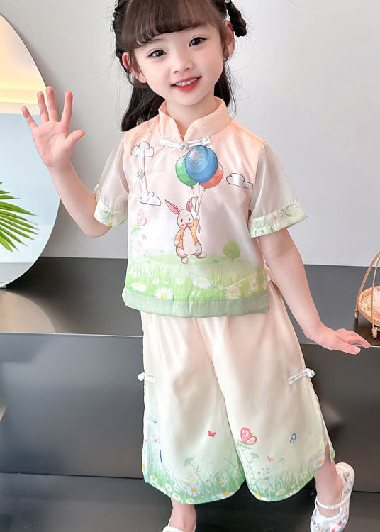 Lovely Pink Chinese Button Print Patchwork Cotton Kids Girls Two Piece Suit Summer