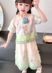 Lovely Pink Chinese Button Print Patchwork Cotton Kids Girls Two Piece Suit Summer