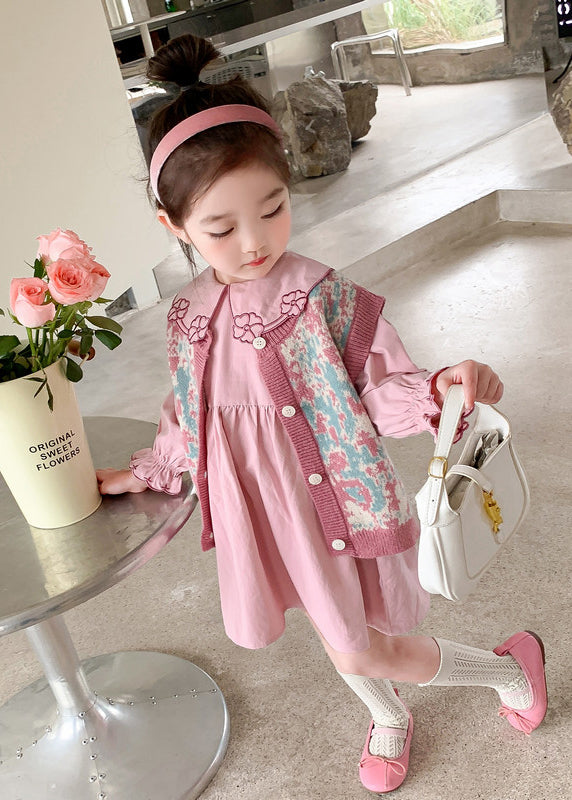 Lovely Pink Floral Vest And Dresses Cotton Baby Girls Two Pieces Set Fall