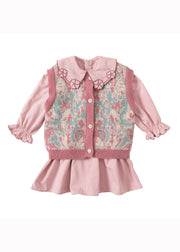 Lovely Pink Floral Vest And Dresses Cotton Baby Girls Two Pieces Set Fall