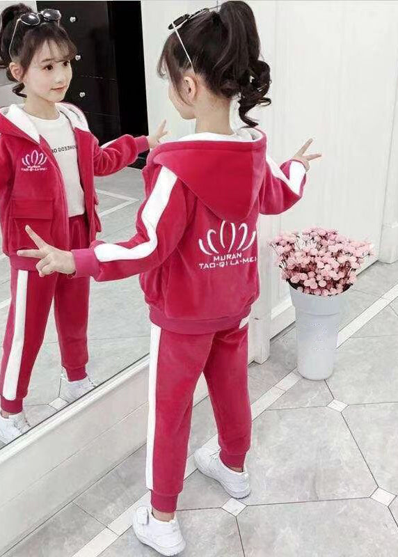 Lovely Pink Hooded Zippered Pockets Warm Fleece Girls Two Pieces Set Winter