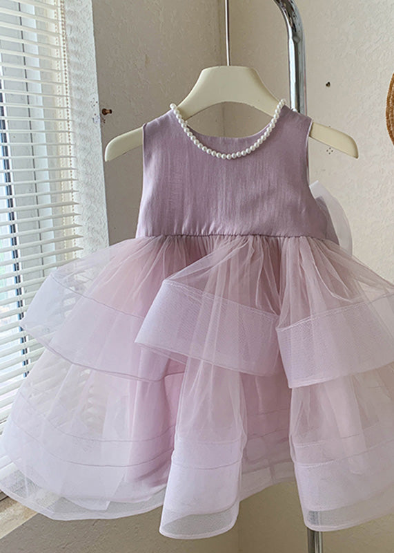 Lovely Pink O-Neck Patchwork Layered Tulle Kids Girls Dress Summer