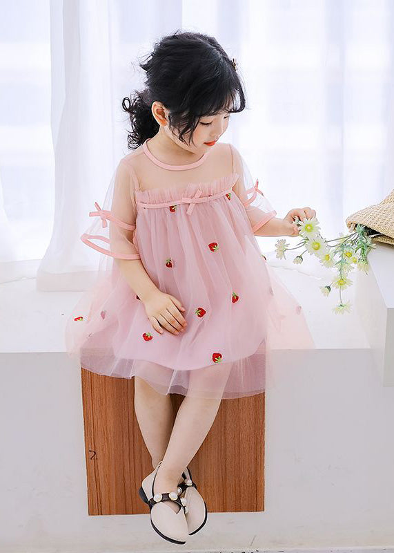 Lovely Pink O-Neck Patchwork Strawberry Tulle Kids Girls Mid Dress Short Sleeve