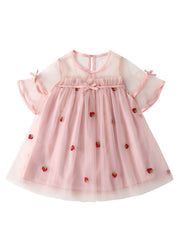 Lovely Pink O-Neck Patchwork Strawberry Tulle Kids Girls Mid Dress Short Sleeve