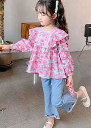 Lovely Pink Print Cotton Top And Denim Pants Baby Girls Two Pieces Set Fall