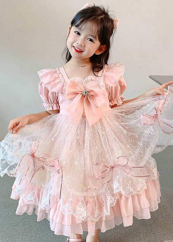 Lovely Pink Ruffled Bow Patchwork Tulle Baby Girls Princess Dress Summer