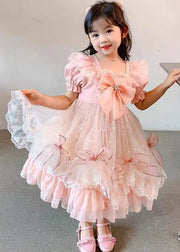 Lovely Pink Ruffled Bow Patchwork Tulle Baby Girls Princess Dress Summer
