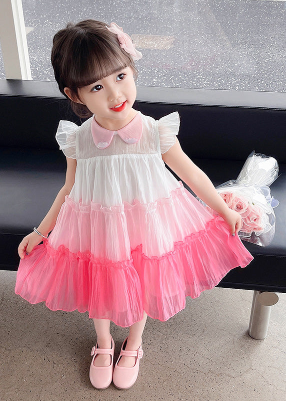 Lovely Pink Ruffled Patchwork Tulle Kids Layered Maxi Dresses Sleeveless