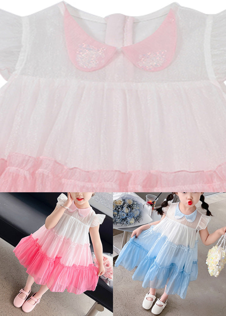 Lovely Pink Ruffled Patchwork Tulle Kids Layered Maxi Dresses Sleeveless