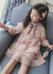 Lovely Pink Ruffled Patchwork Warm Fleece Kids Girls Dress Fall