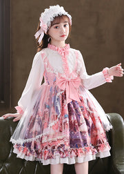 Lovely Pink Ruffled Print Bow Patchwork Tulle Kids Girls Dress Fall