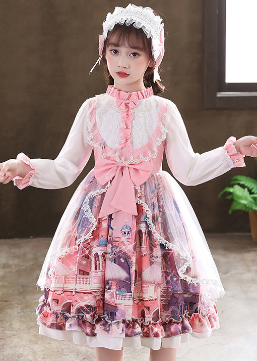 Lovely Pink Ruffled Print Bow Patchwork Tulle Kids Girls Dress Fall