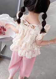 Lovely Pink Ruffled Tops And Pants Cotton Baby Girls Two Pieces Set Summer