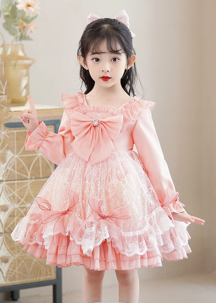 Lovely Pink Square Collar Bow Patchwork Tulle Kids Mid Dresses Long Sleeve
