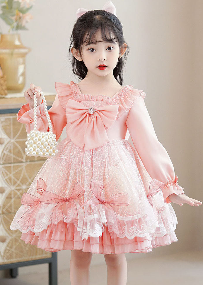 Lovely Pink Square Collar Bow Patchwork Tulle Kids Mid Dresses Long Sleeve