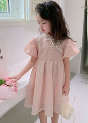 Lovely Pink Stand Collar Button Patchwork Cotton Kids Girls Dresses Summer