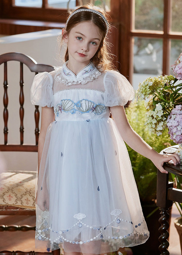 Lovely Pink Stand Collar Embroidered Lace Patchwork Tulle Baby Girls Mid Dress Short Sleeve