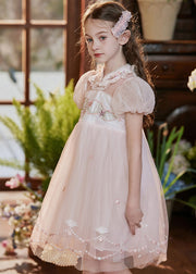 Lovely Pink Stand Collar Embroidered Lace Patchwork Tulle Baby Girls Mid Dress Short Sleeve