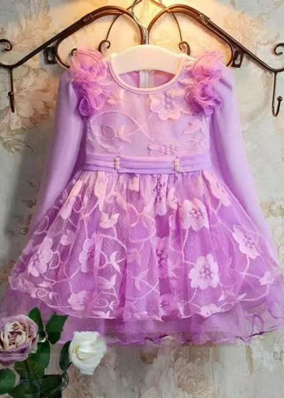 Lovely Purple Embroidered Patchwork Tulle Kids Long Dress Long Sleeve