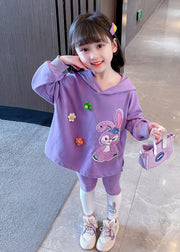 Lovely Purple Hooded Patchwork Cotton Baby Girls Sweatshirt Two Pieces Set Fall