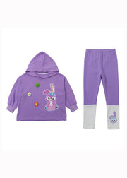Lovely Purple Hooded Patchwork Cotton Baby Girls Sweatshirt Two Pieces Set Fall