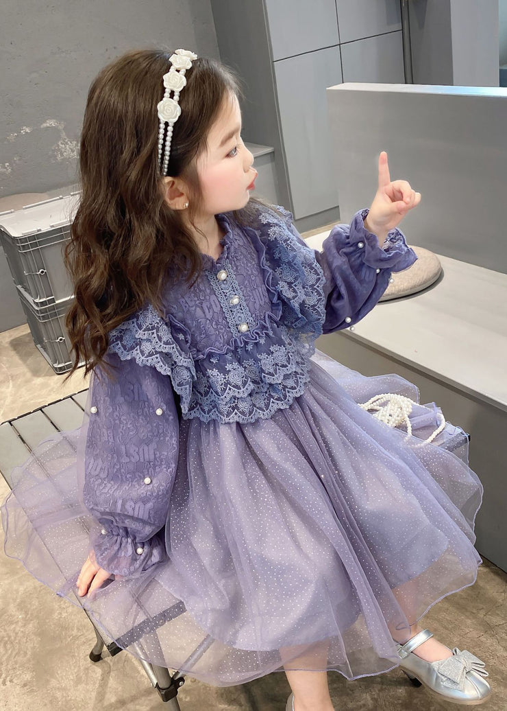 Lovely Purple Ruffled Lace Patchwork Tulle Baby Girls Dress Fall