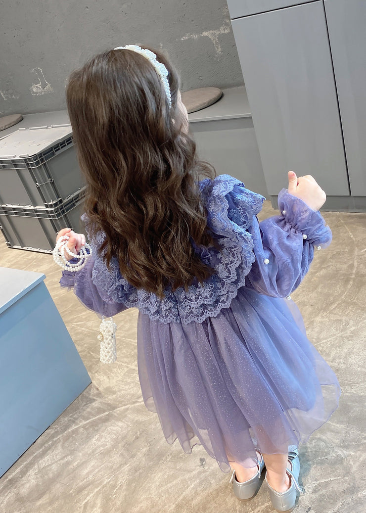 Lovely Purple Ruffled Lace Patchwork Tulle Baby Girls Dress Fall