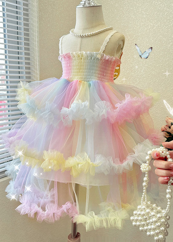 Lovely Rainbow Ruffled Layered Patchwork Tulle Baby Girls Dresses Sleeveless
