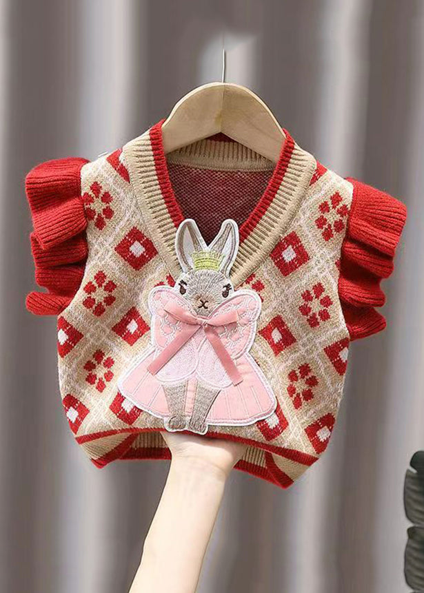 Lovely Red Ruffled Animal Patchwork Knit Baby Waistcoat Sleeveless