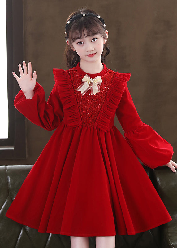 Lovely Red Ruffled Sequins Patchwork Warm Fleece Baby Girls Dress Winter
