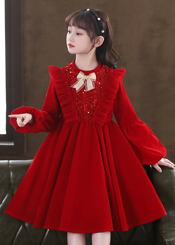 Lovely Red Ruffled Sequins Patchwork Warm Fleece Baby Girls Dress Winter
