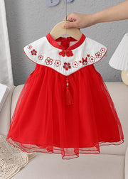 Lovely Red Stand Collar Embroidered Floral Tassel Patchwork Button Tulle Baby Long Dresses Summer